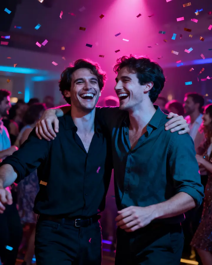 Two men laughing together under confetti at a party