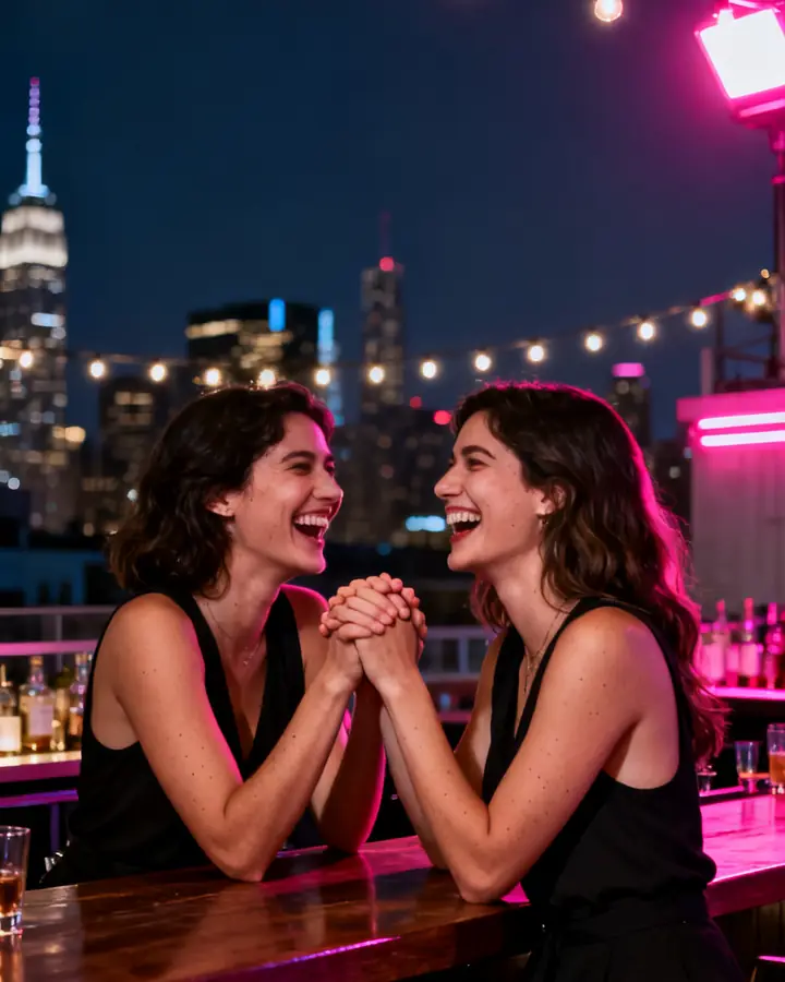 Two women laughing together at a cocktail bar