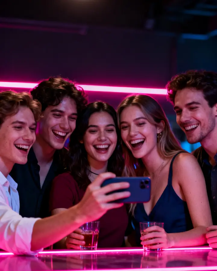 Group of friends laughing together at night