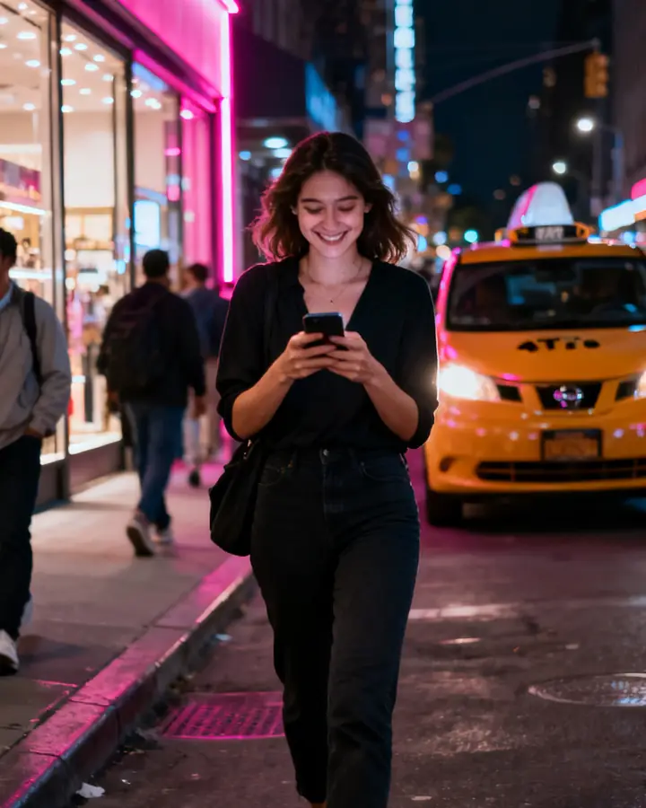 Woman smiling at her phone on a neon-lit city street